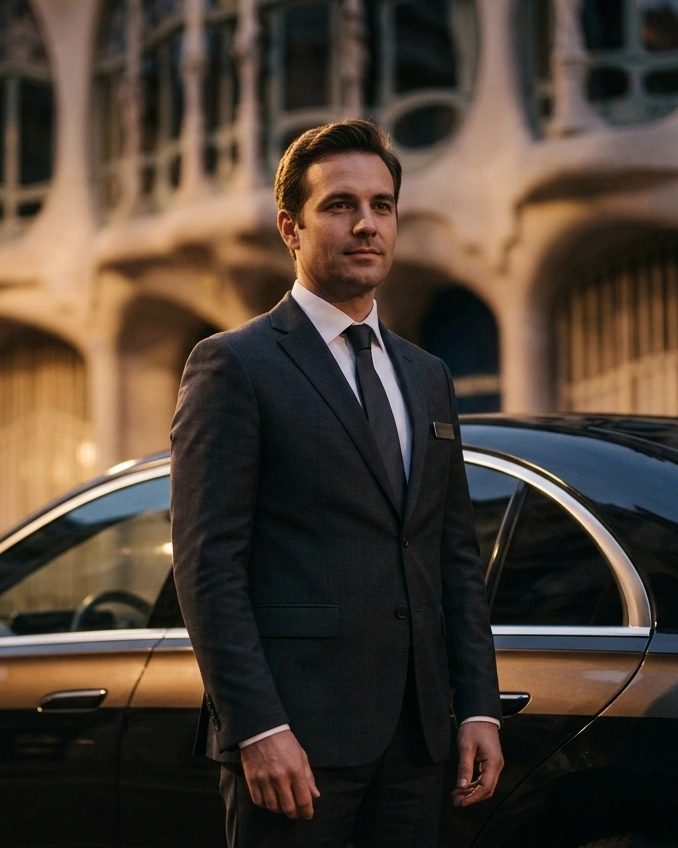 Royal Singh, chauffeur, standing beside a black saloon in Barcelona.
