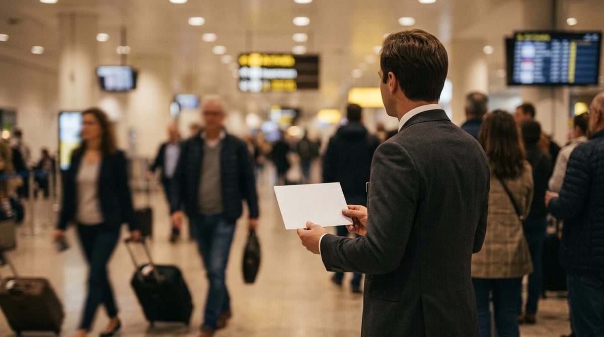 A chauffeur in a dark suit waiting in an airport arrivals hall holding a name board.