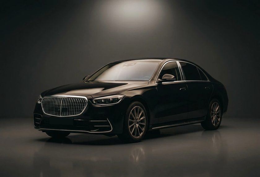 First Class — a long-wheelbase black luxury saloon, three-quarter front view.