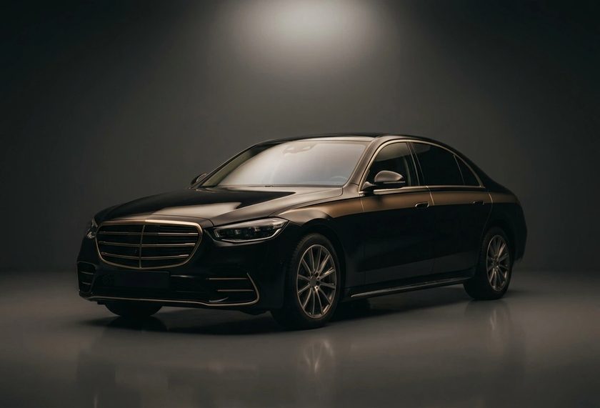 Business Saloon — a black executive saloon, three-quarter front view.