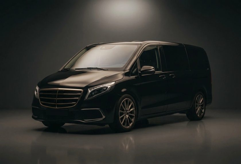 Business Van — a black luxury passenger van, three-quarter front view.