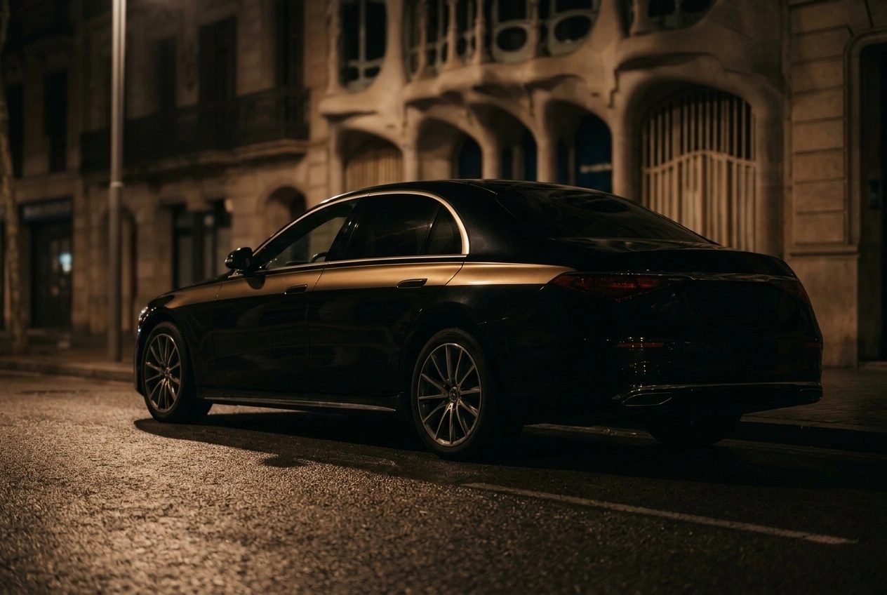 A black executive saloon waiting at the kerb on a Barcelona street at night.